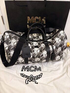 MCM Cubic Monogram Black & White Large Traveler Weekender Duffle Bag